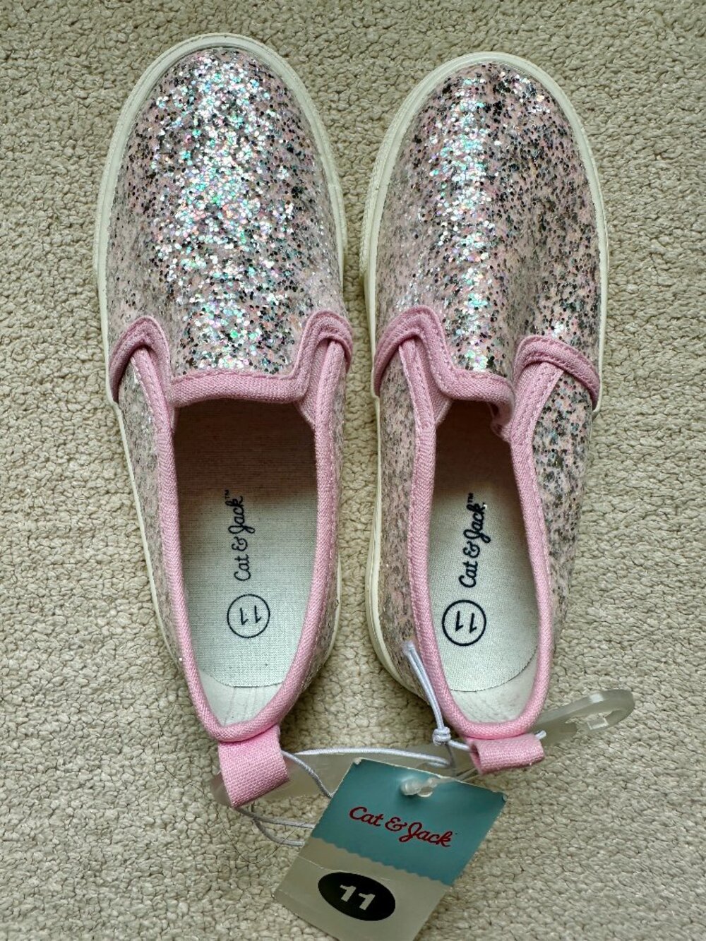 Cat & Jack girls slip on sneakers pink white glitter, sz 12C NWT